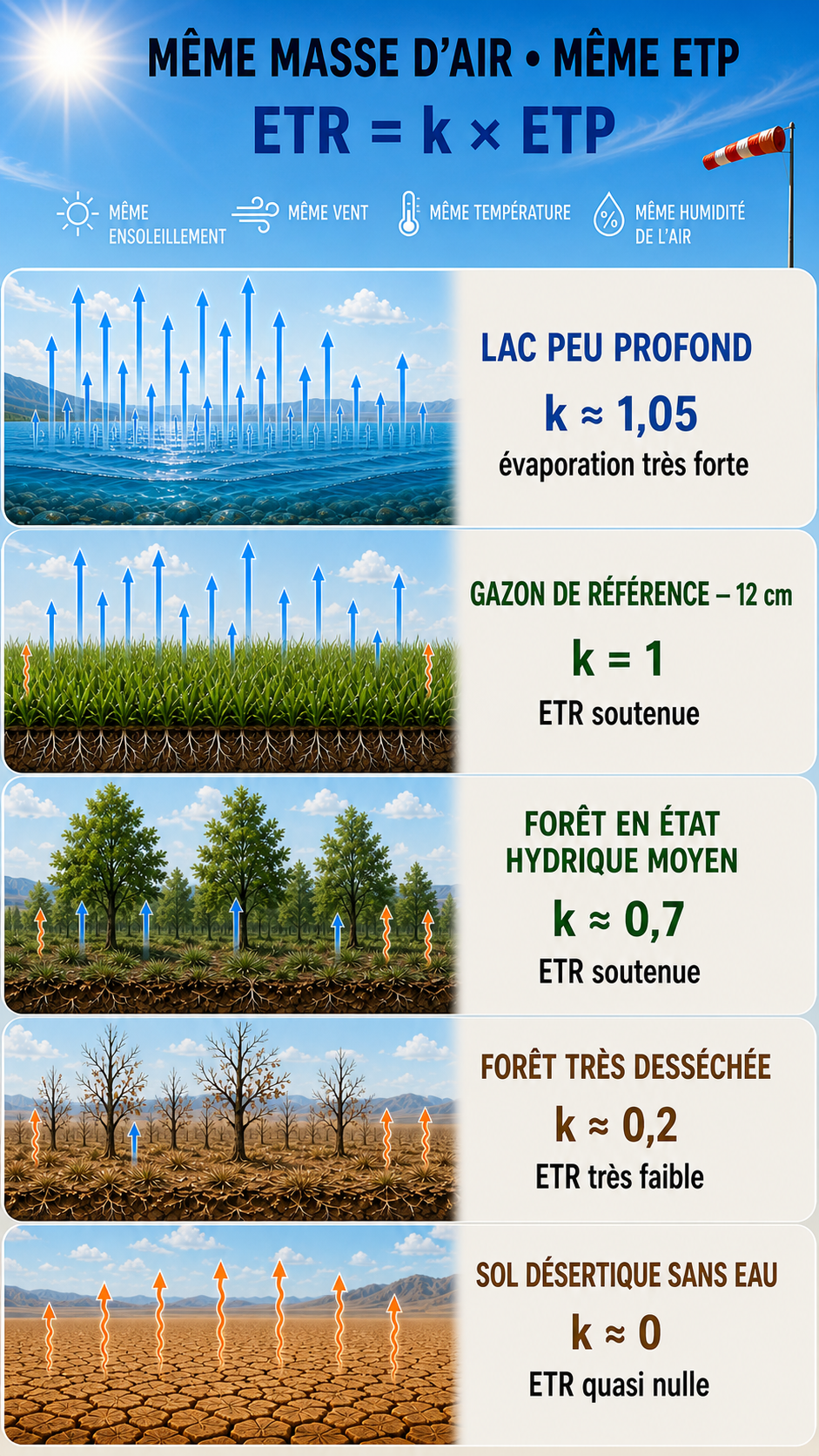 Version verticale pour smartphone comparant un lac peu profond, un gazon de référence, une forêt moyenne, une forêt très desséchée et un sol désertique avec leurs coefficients k