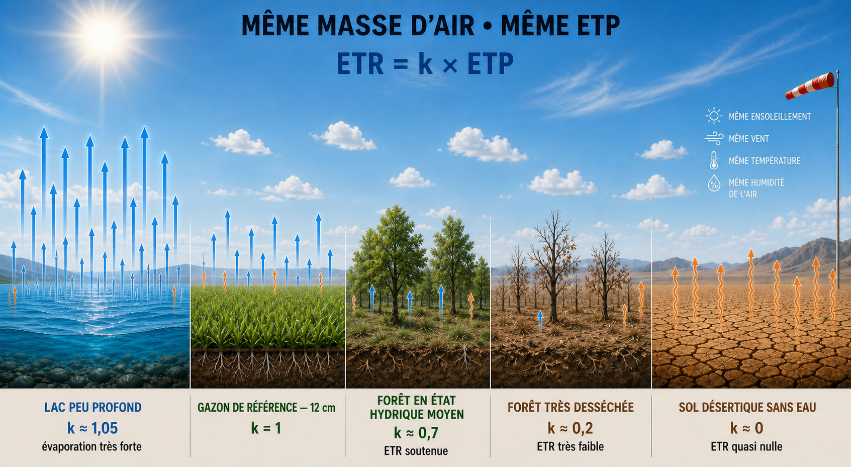 Comparaison sous une même masse d’air d’un lac peu profond, d’un gazon de référence de 12 centimètres, d’une forêt moyenne, d’une forêt très desséchée et d’un sol désertique, avec des coefficients k décroissants